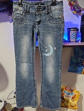 Angels Blue Denim Flare Jeans with Moon & Stars Graphic